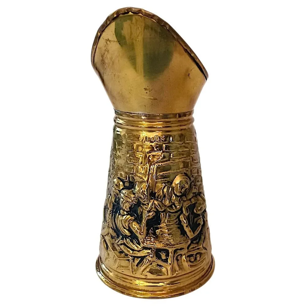 Brass Embossed Ale Pitcher‎ Pub Scene Repousse Made In England Textured Vintage